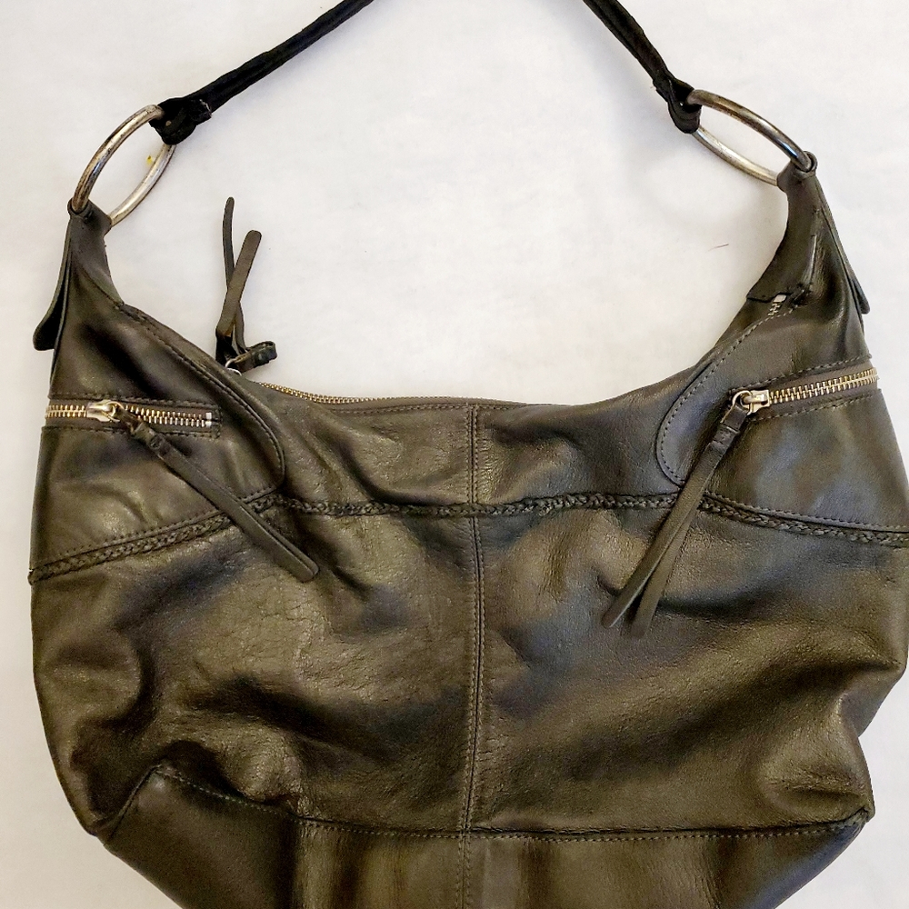 Sigrid Olsen leather hobo bag purse greenish grey